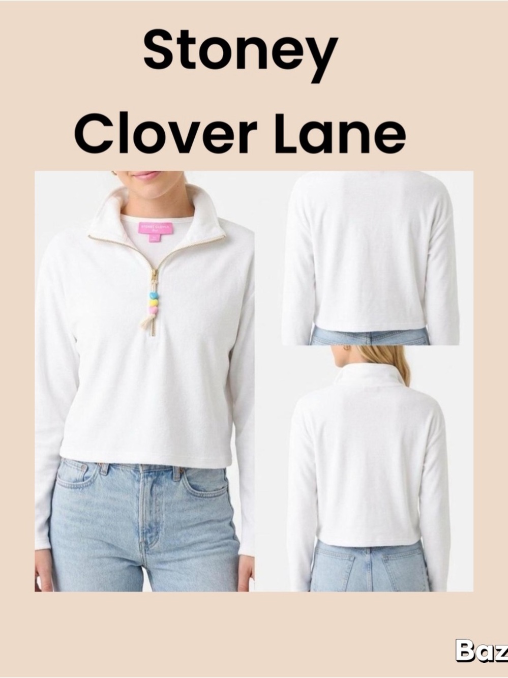 Stoney Clover Lane White Cropped Quarter-Zip Sweatshirt with Bead Tassel